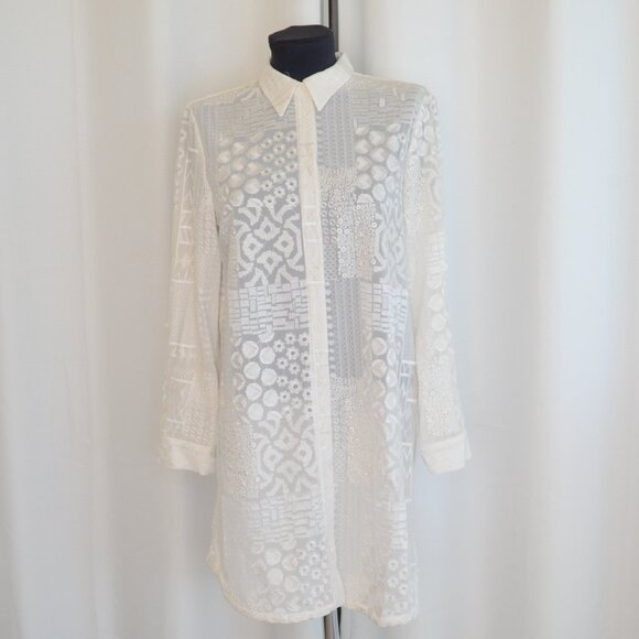Alice + Olivia Tanisha White Embroidered Patchwork Button Down Tunic Shirt Sz S - Picture 2 of 9